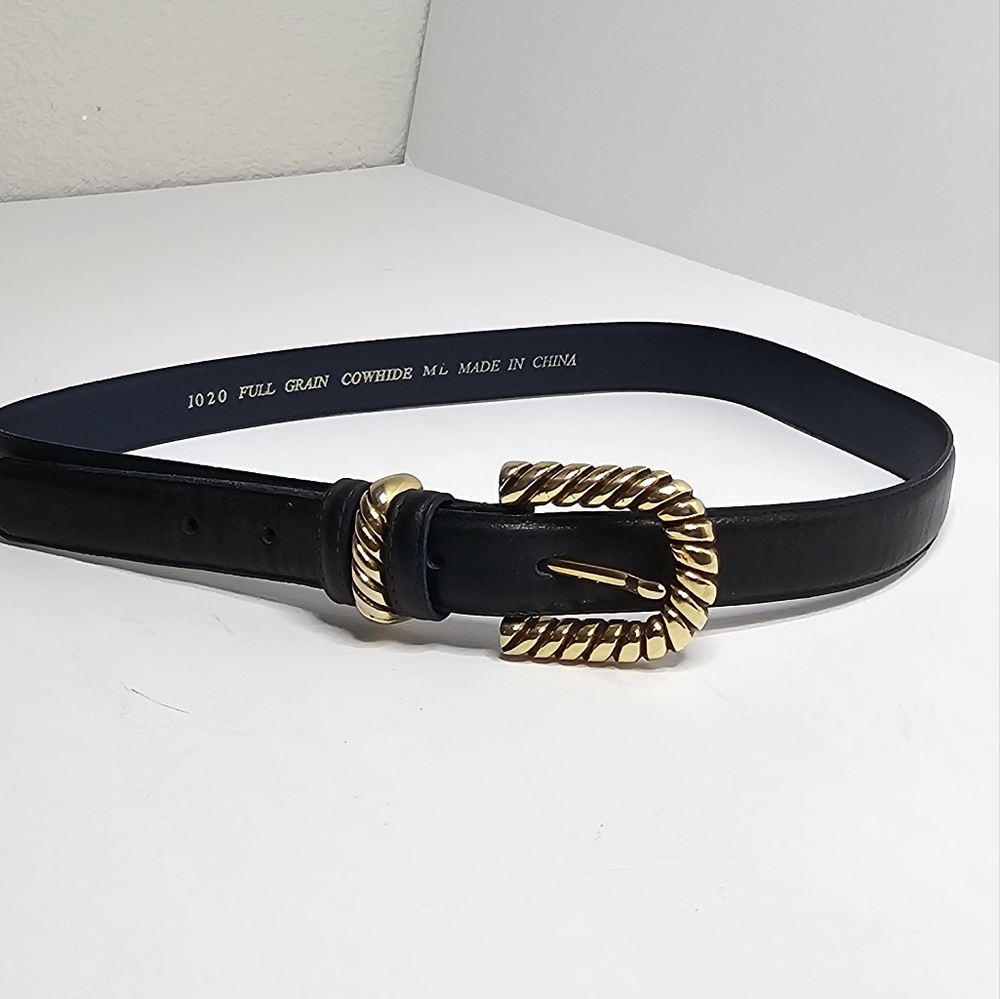 Vintage Black Full Grain Belt With Gold Chunky Textured Buckle